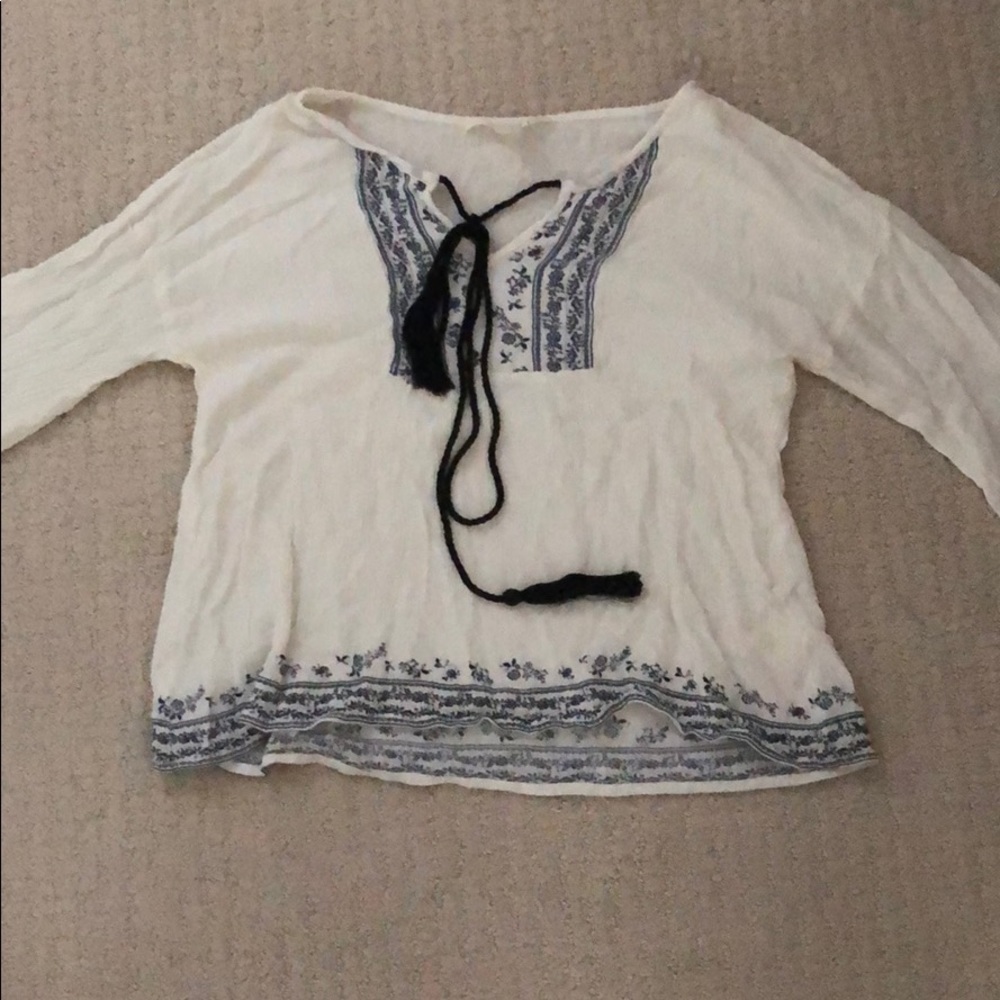 Boho white and blue floral blouse